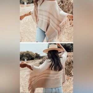 Gentle‎ Fawn Fringe Sweater Poncho Tan Striped ONE SIZE